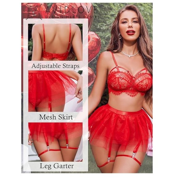 Red Lace Garter Lingerie Mesh Mini Skirt Nightwear Babydoll - Picture 3 of 3